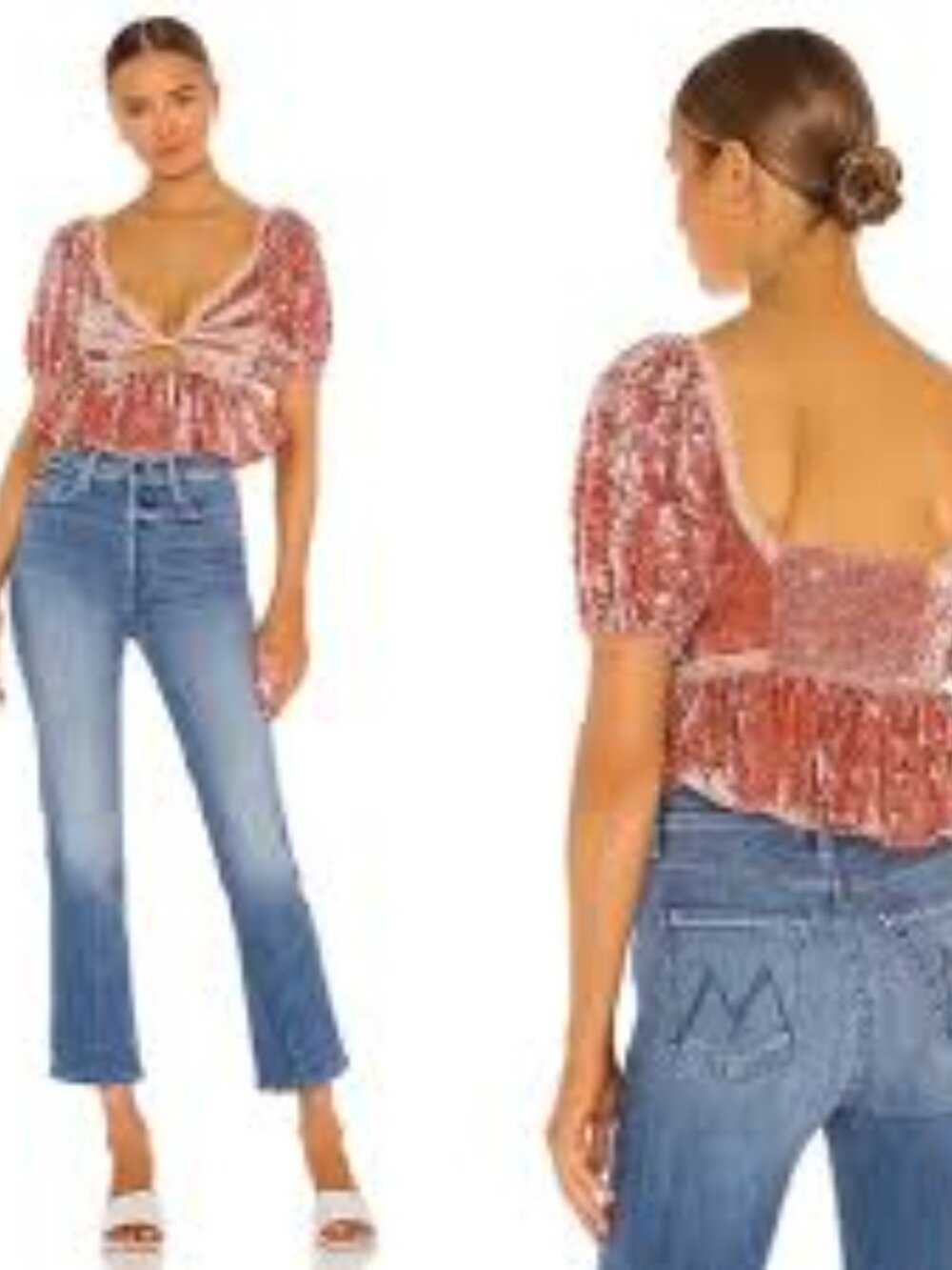 Free People Rose Velvet Lace-Trim Crop top Peplum Twisted Front Lace Puff Size S